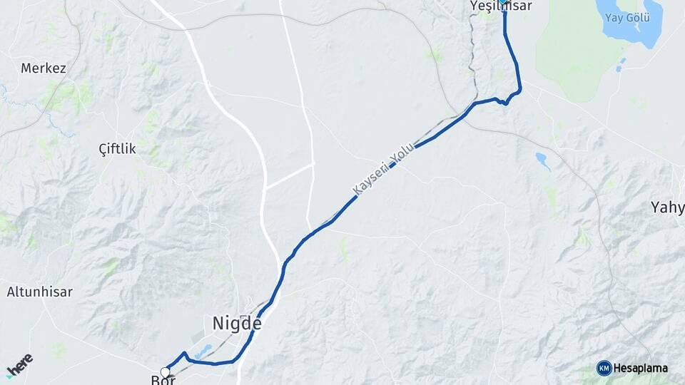 Kayseri Yeşilhisar Bor Niğde Arası Kaç Km - Yol Haritası