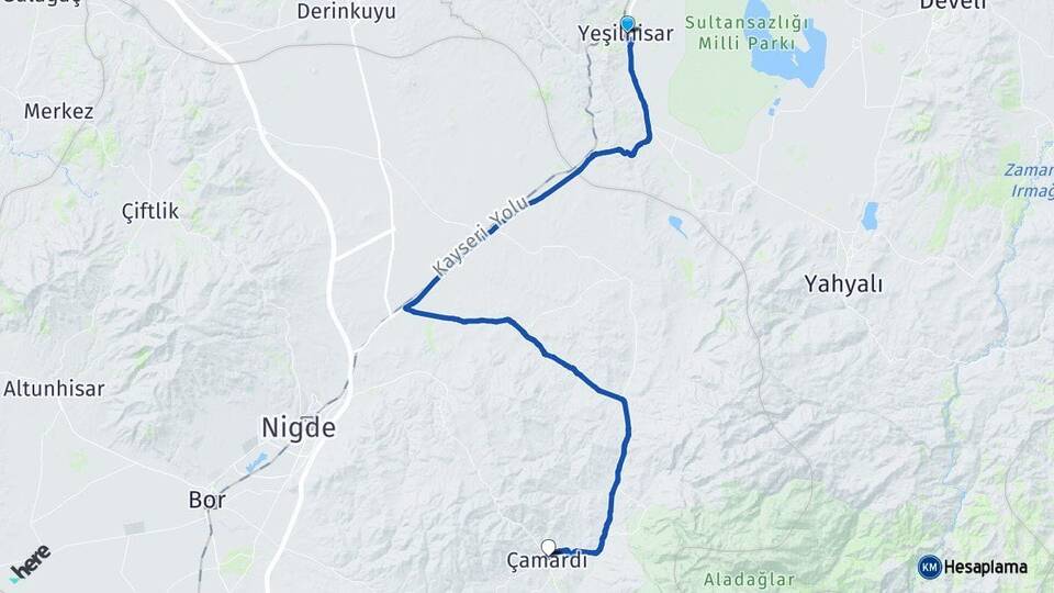 Kayseri Yeşilhisar Çamardı Niğde Arası Kaç Km - Yol Haritası