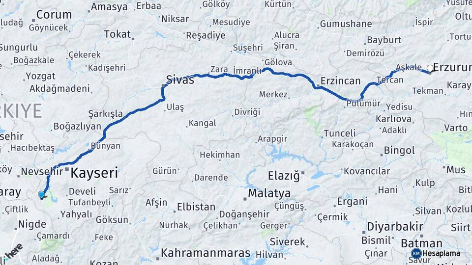Kayseri Yeşilhisar Erzurum Arası Kaç Km - Yol Haritası