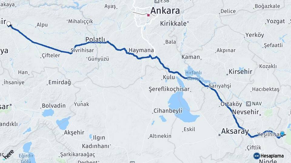 Kayseri Yeşilhisar Eskişehir Arası Kaç Km - Yol Haritası