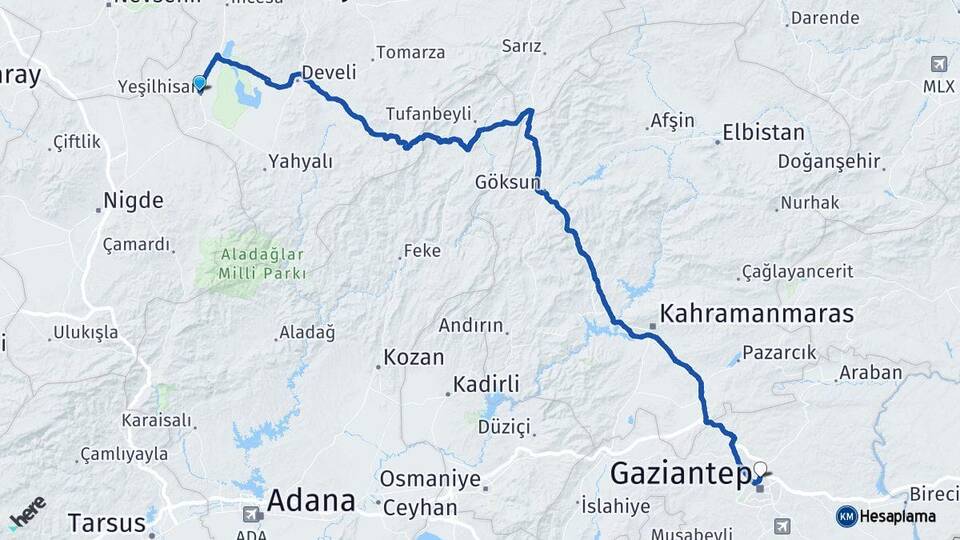 Kayseri Yeşilhisar Gaziantep Arası Kaç Km - Yol Haritası
