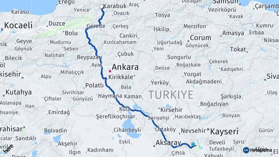 Kayseri Yeşilhisar Karabük Arası Kaç Km - Yol Haritası