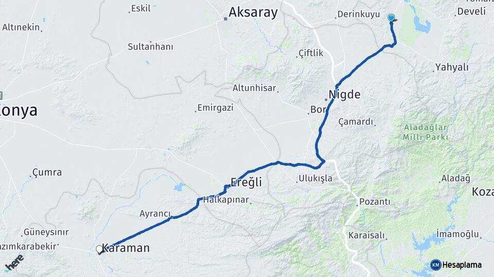 Kayseri Yeşilhisar Karaman Arası Kaç Km - Yol Haritası