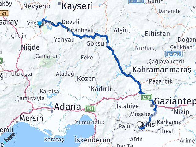 Kayseri Yeşilhisar Kilis Arası Kaç Km - Yol Haritası