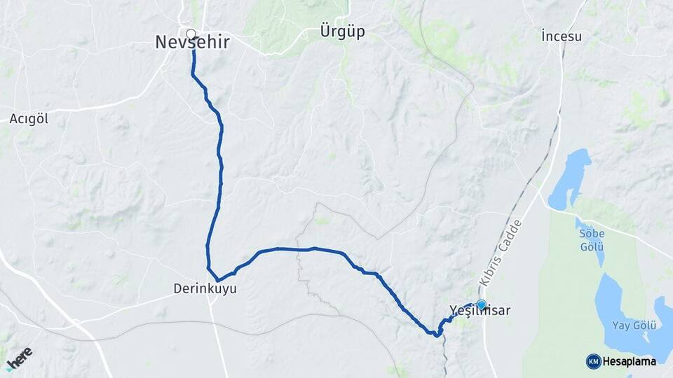 Kayseri Yeşilhisar Nevşehir Arası Kaç Km - Yol Haritası