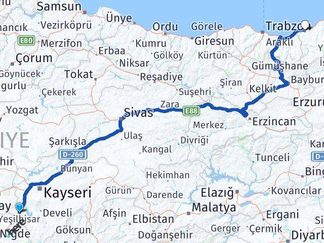 Kayseri Yeşilhisar Rize Arası Kaç Km - Yol Haritası