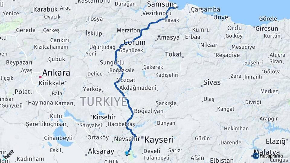 Kayseri Yeşilhisar Samsun Arası Kaç Km - Yol Haritası