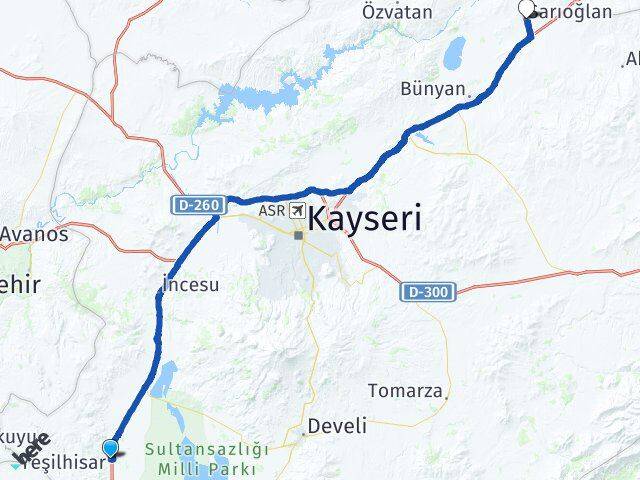Kayseri Yeşilhisar Sarıoğlan Arası Kaç Km - Yol Haritası
