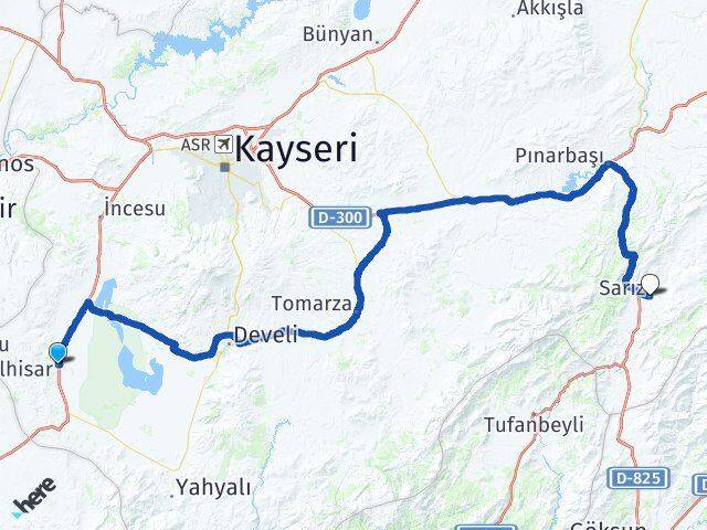 Kayseri Yeşilhisar Sarız Arası Kaç Km - Yol Haritası