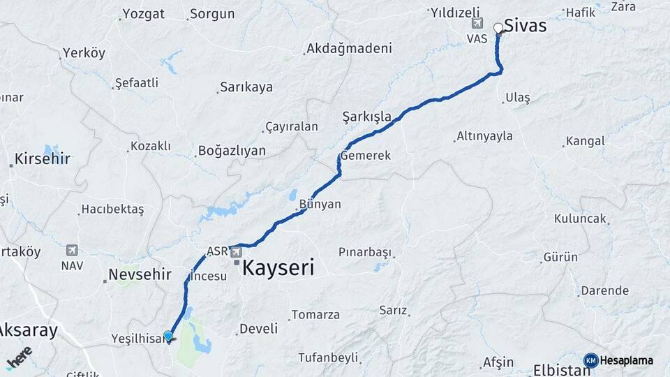 Kayseri Yeşilhisar Sivas Arası Kaç Km - Yol Haritası