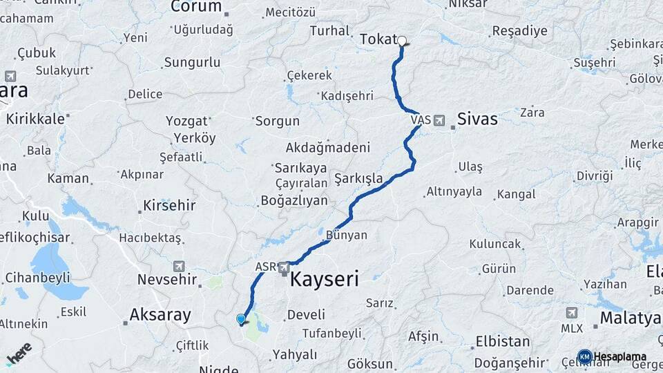 Kayseri Yeşilhisar Tokat Arası Kaç Km - Yol Haritası