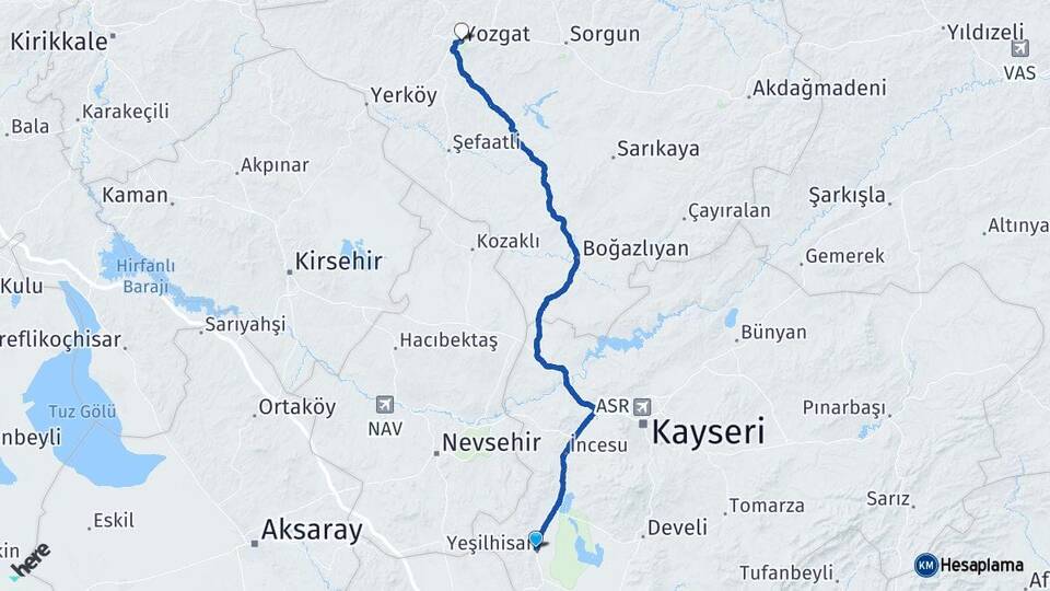 Kayseri Yeşilhisar Yozgat Arası Kaç Km - Yol Haritası