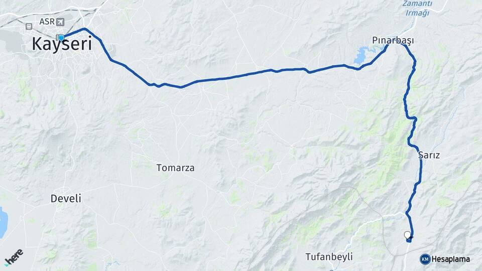 Kayseri Yeşilkent Sarız Arası Kaç Km - Yol Haritası