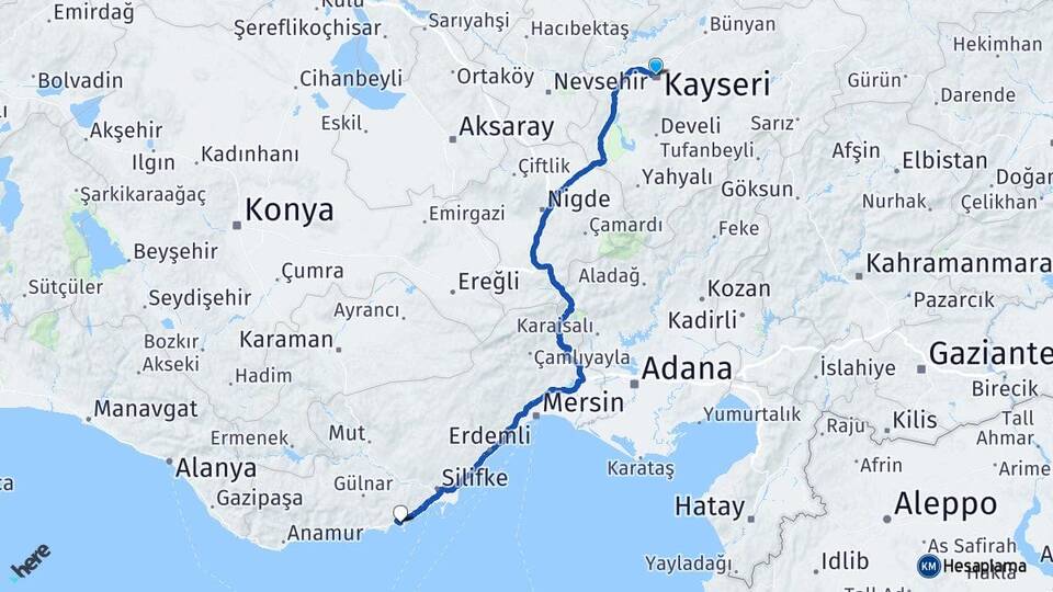 Kayseri Yeşilovacık Silifke Mersin Arası Kaç Km - Yol Haritası