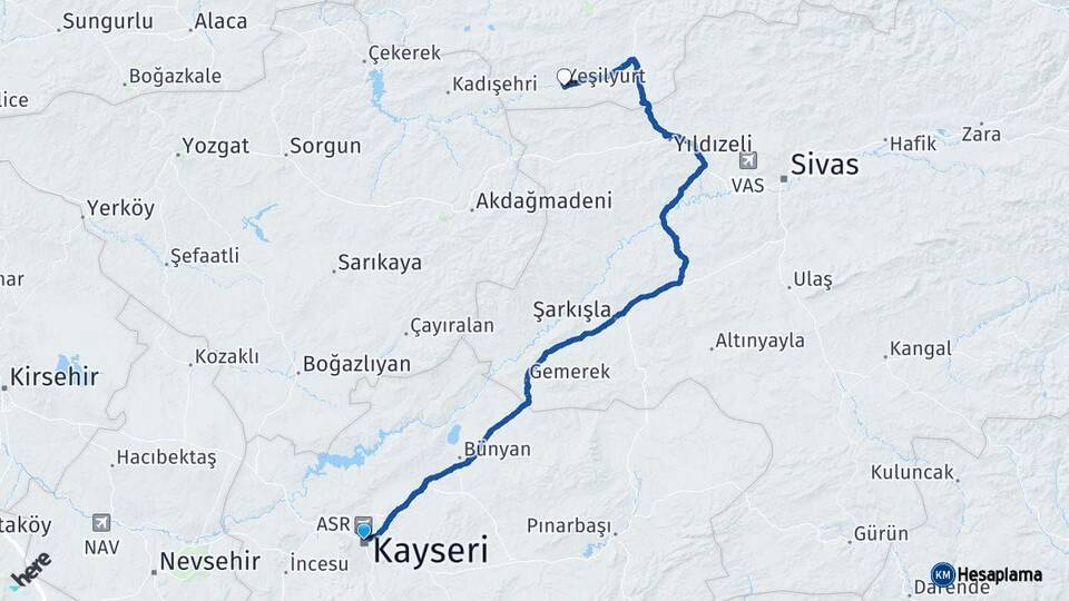 Kayseri Yeşilyurt Tokat Arası Kaç Km - Yol Haritası