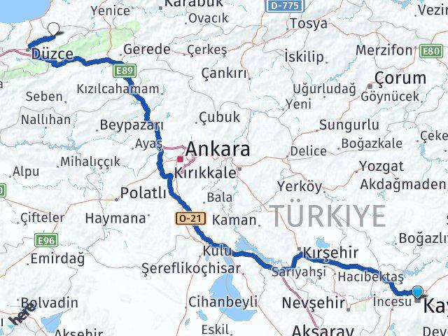 Kayseri Yığılca Düzce Arası Kaç Km - Yol Haritası