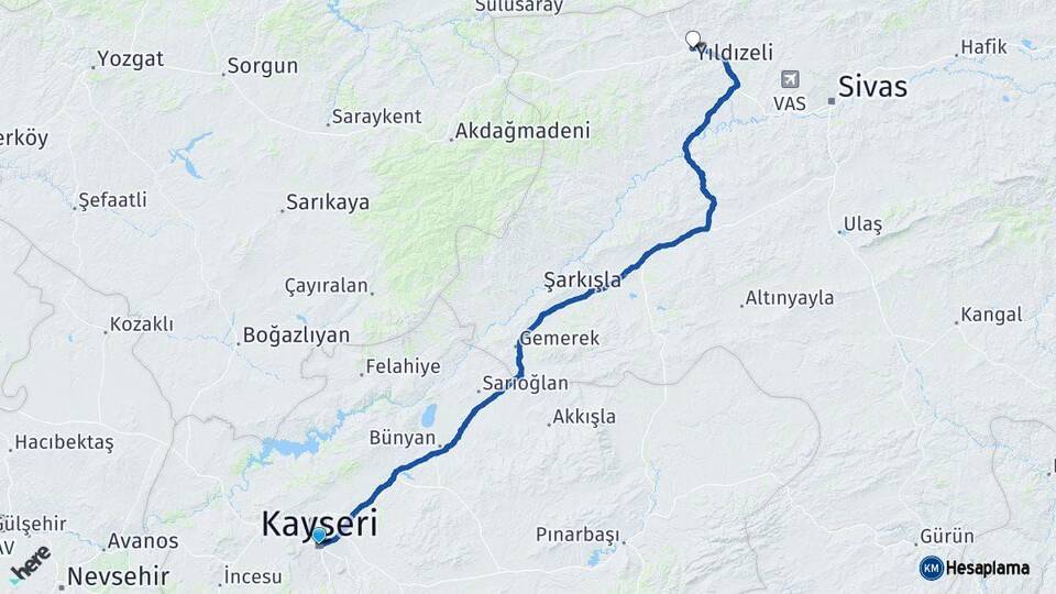 Kayseri Yıldızeli Sivas Arası Kaç Km - Yol Haritası