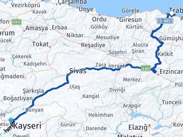 Kayseri Yomra Trabzon Arası Kaç Km - Yol Haritası