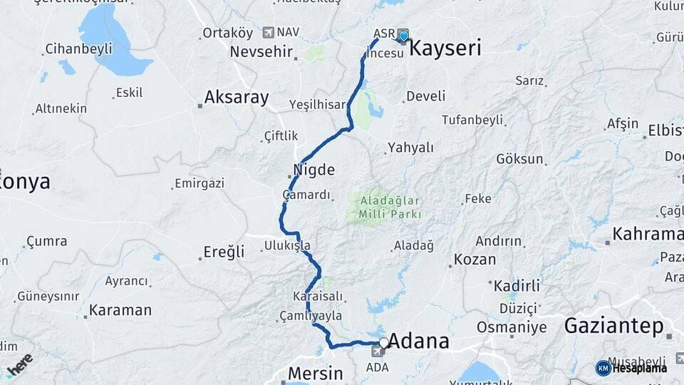 Kayseri Yüreğir Arası Kaç Km - Yol Tarifi