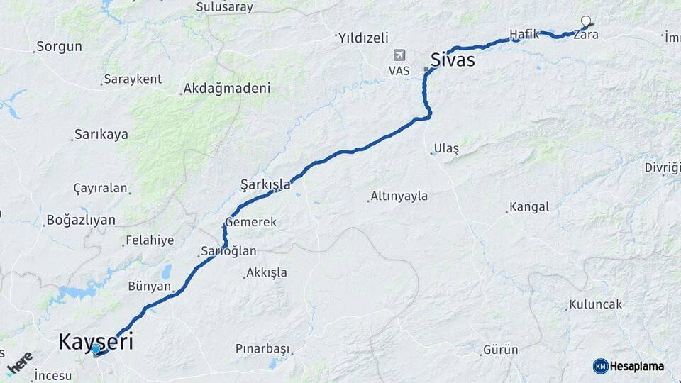 Kayseri Zara Sivas Arası Kaç Km - Yol Haritası