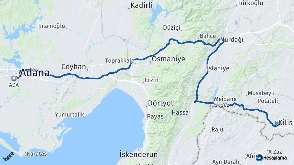 Kilis Adana Arası Kaç Km - Yol Haritası