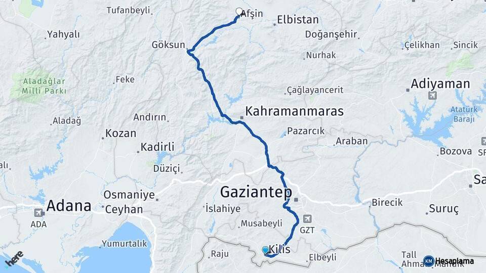Kilis Afşin Kahramanmaraş Arası Kaç Km - Yol Haritası