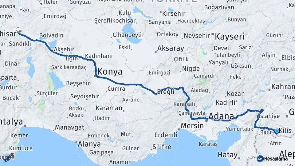 Kilis Afyonkarahisar Arası Kaç Km - Yol Haritası
