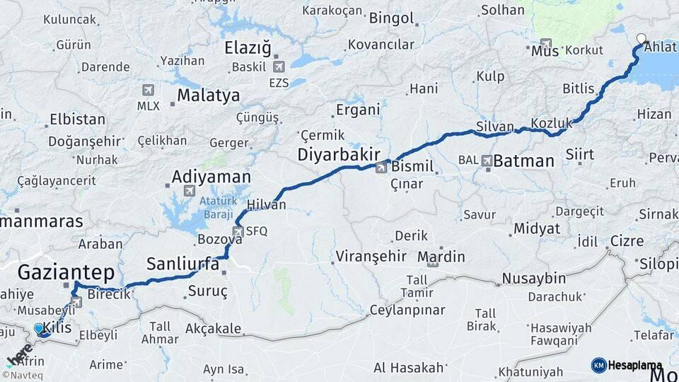 Kilis Ahlat Bitlis Arası Kaç Km - Yol Haritası