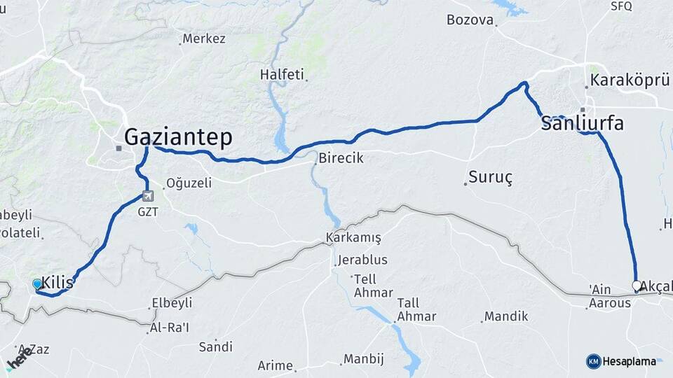 Kilis Akçakale Şanlıurfa Arası Kaç Km - Yol Haritası