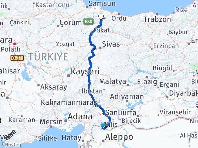 Kilis Akkuş Ordu Arası Kaç Km - Yol Haritası