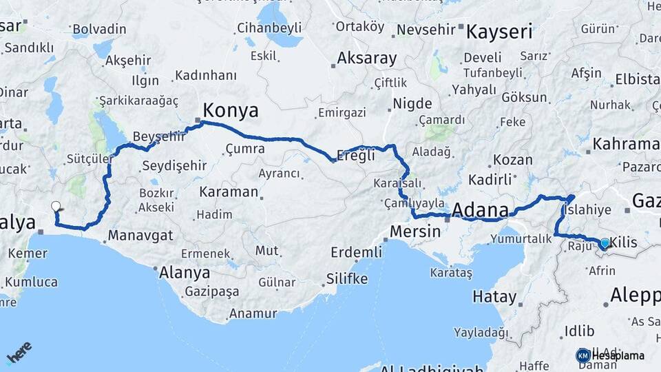 Kilis Alaylı Aksu Antalya Arası Kaç Km - Yol Haritası
