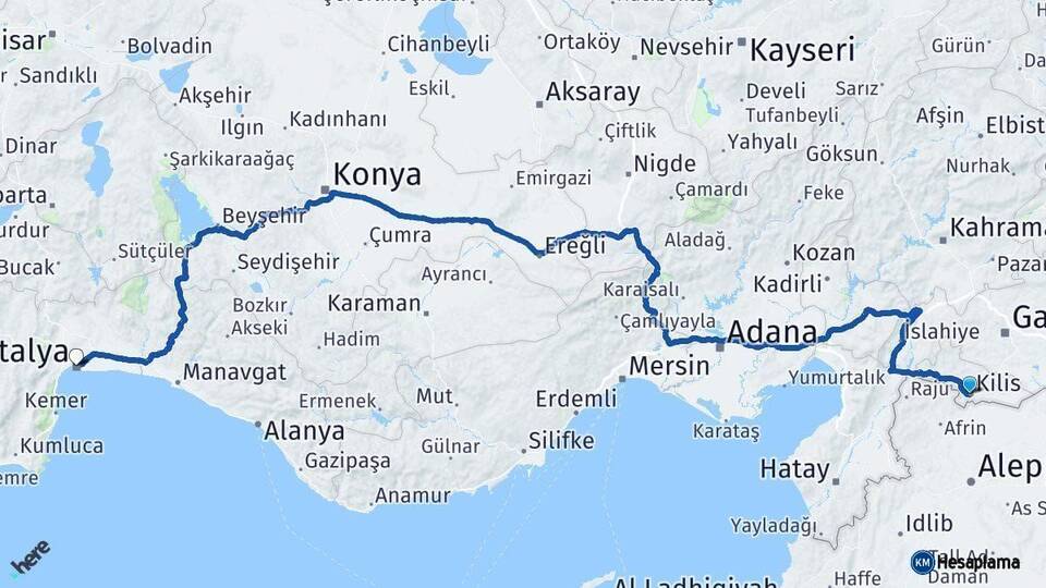 Kilis Antalya Arası Kaç Km - Yol Haritası