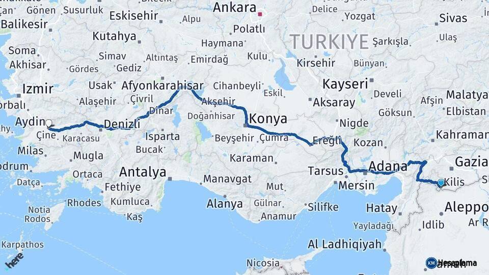 Kilis Aydın Arası Kaç Km - Yol Haritası