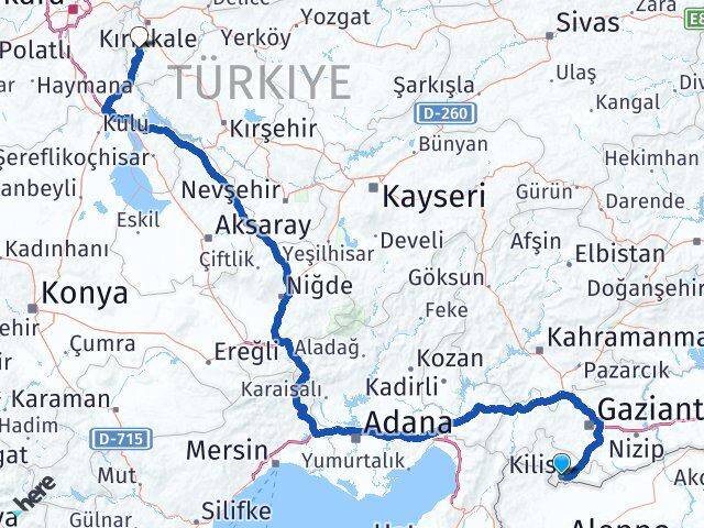 Kilis Bahşili Kırıkkale Arası Kaç Km - Yol Haritası