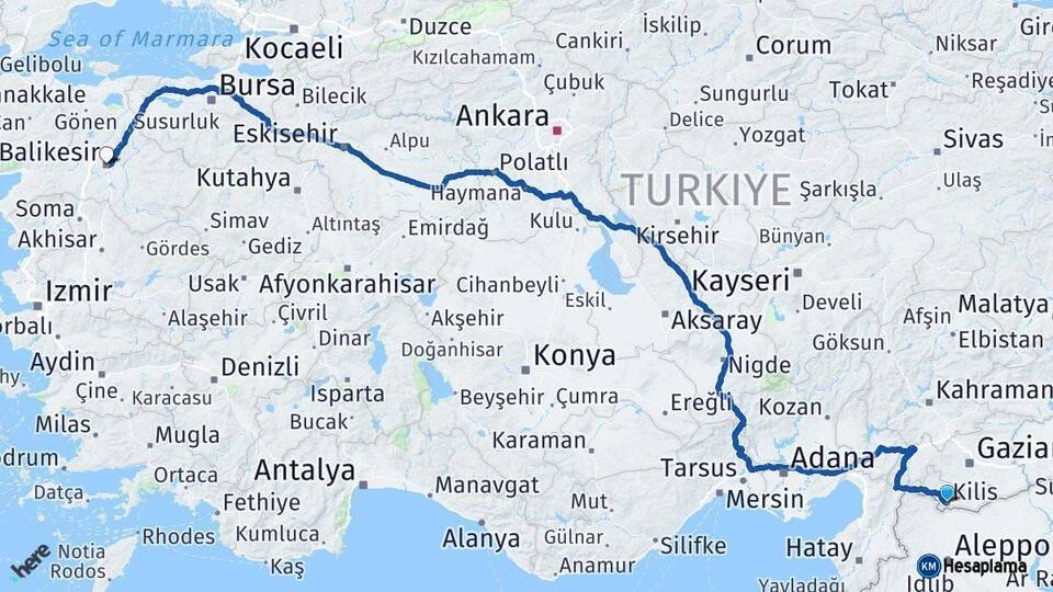Kilis Balıkesir Arası Kaç Km - Yol Haritası