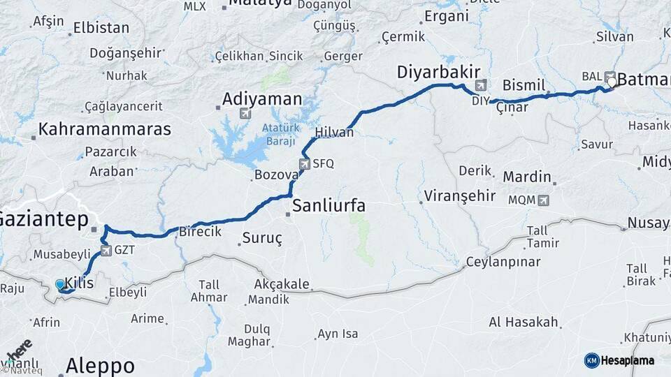 Kilis Batman Arası Kaç Km - Yol Haritası
