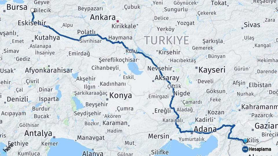 Kilis Bilecik Arası Kaç Km - Yol Haritası