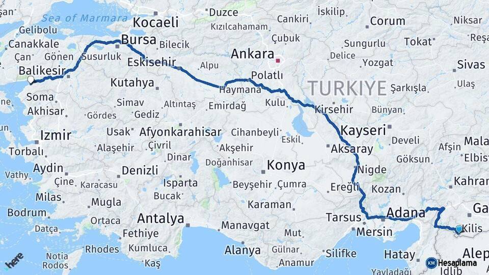 Kilis Burhaniye Balıkesir Arası Kaç Km - Yol Haritası