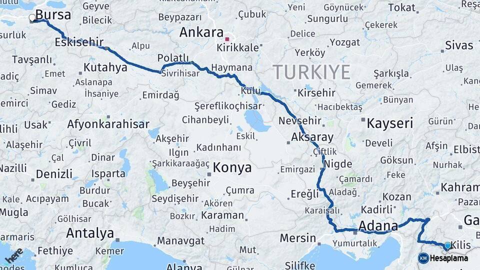 Kilis Bursa Arası Kaç Km - Yol Haritası
