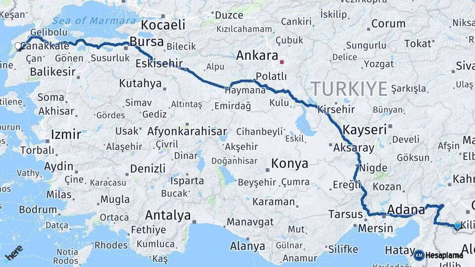 Kilis Çanakkale Arası Kaç Km - Yol Haritası