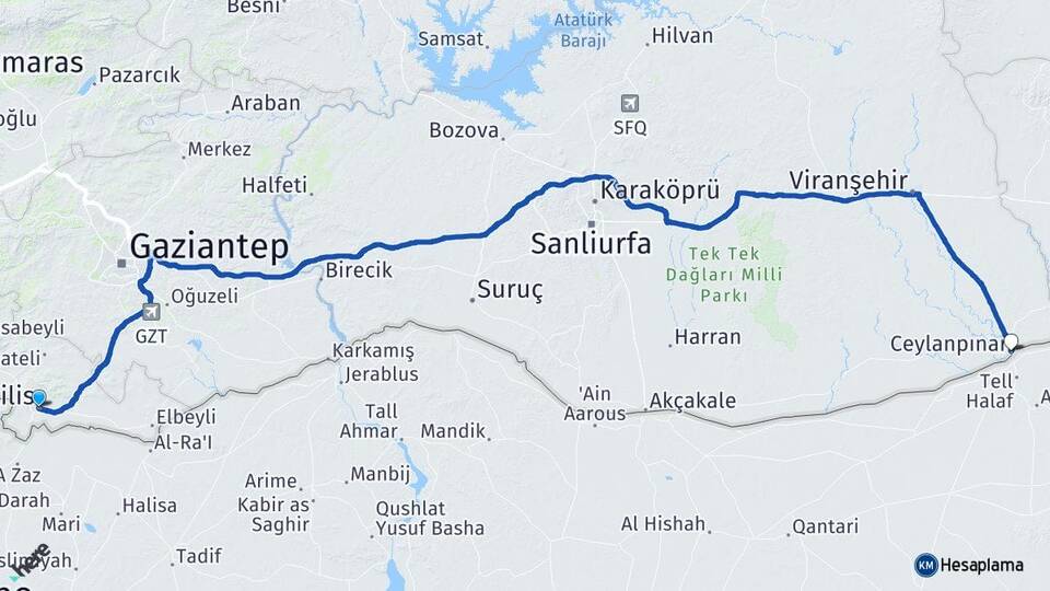 Kilis Ceylanpınar Şanlıurfa Arası Kaç Km - Yol Haritası