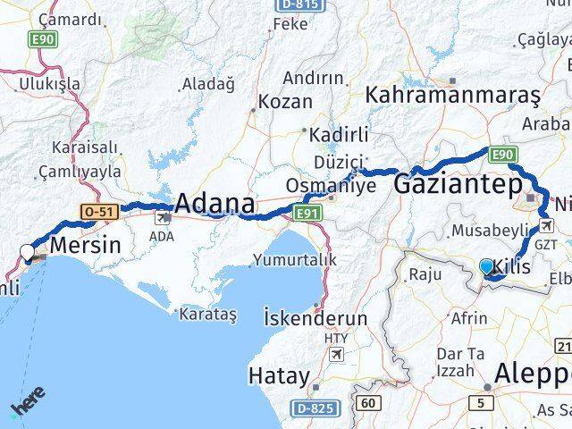 Kilis Çiftlikköy Yenişehir Mersin Arası Kaç Km - Yol Haritası