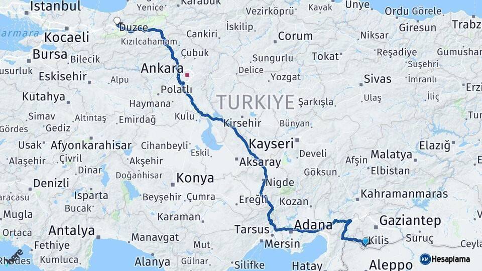 Kilis Düzce Arası Kaç Km - Yol Haritası