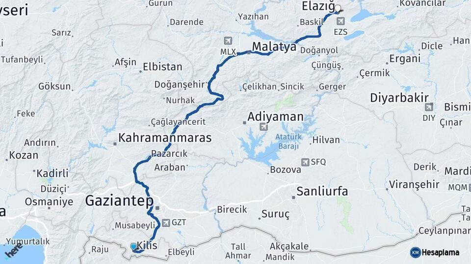 Kilis Elazığ Arası Kaç Km - Yol Haritası
