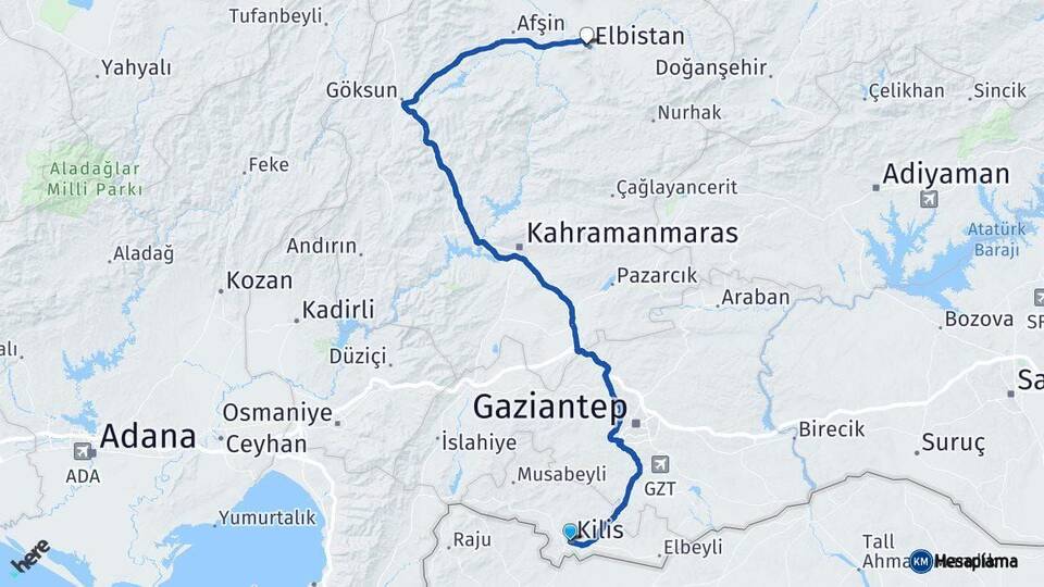 Kilis Elbistan Kahramanmaraş Arası Kaç Km - Yol Haritası