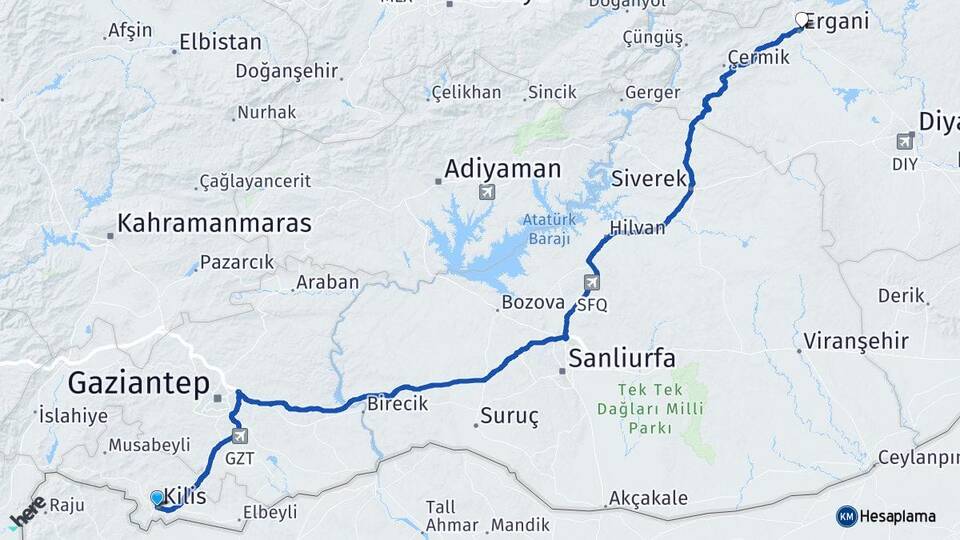 Kilis Ergani Diyarbakır Arası Kaç Km - Yol Haritası