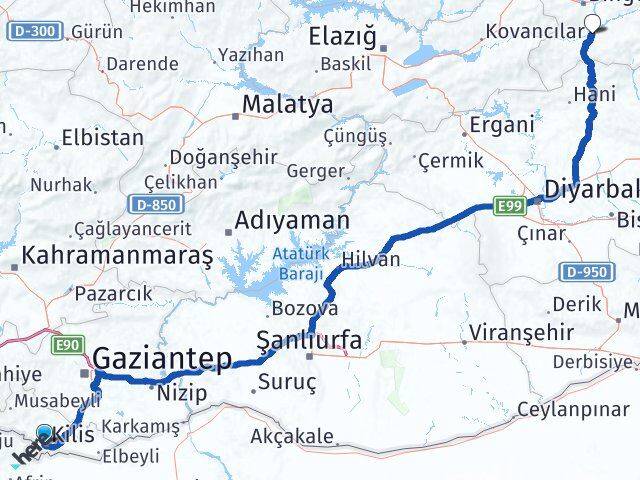 Kilis Genç Bingöl Arası Kaç Km - Yol Haritası