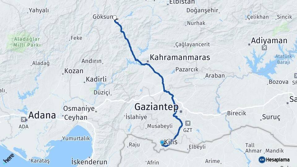 Kilis Göksun Kahramanmaraş Arası Kaç Km - Yol Haritası