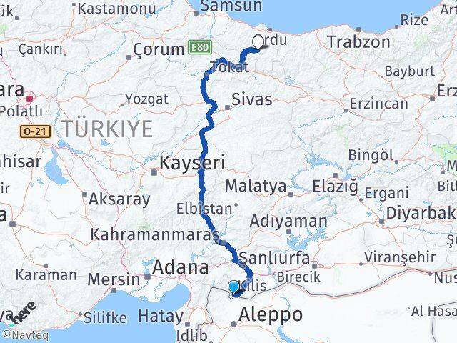 Kilis Gölköy Ordu Arası Kaç Km - Yol Haritası