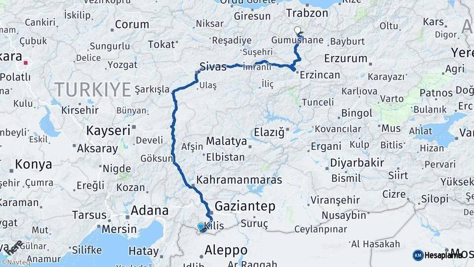 Kilis Gümüşhane Arası Kaç Km - Yol Haritası